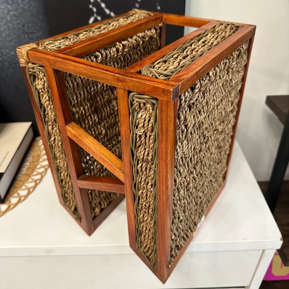 Vintage Tiered Wooden & Rattan Paper Tray or Book Display Holder